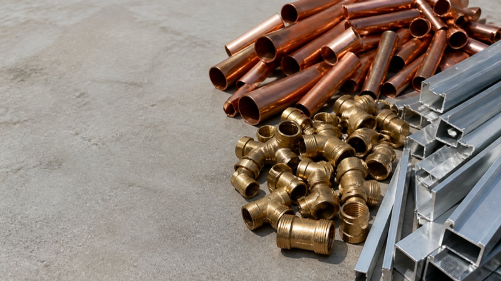 Sorted copper pipe, brass fittings and aluminium on a concrete floor